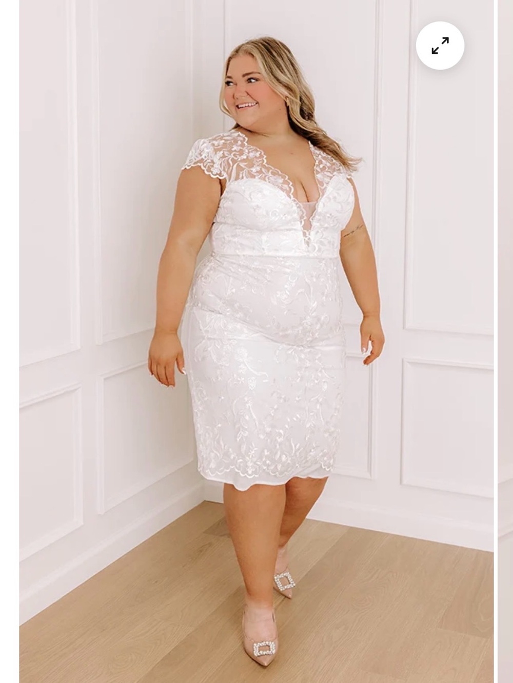 Plus Size White Lace V-Neck Midi Dress